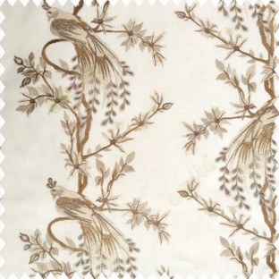 Cream copper brown grey color beautiful long tree with small flowers resting peacock cotton finished base fabric main curtain