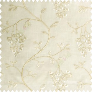 Cream beige color beautiful floral leaves embroidery pattern small flowers flowing tress flower buds cotton finished main curtain