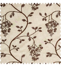 Dark brown beige grey color beautiful floral leaves embroidery pattern small flowers flowing tress flower buds cotton finished main curtain