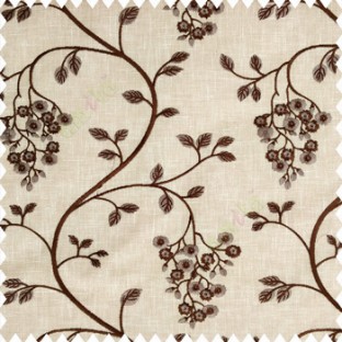 Dark brown beige grey color beautiful floral leaves embroidery pattern small flowers flowing tress flower buds cotton finished main curtain