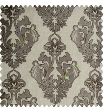Dark brown beige grey color traditional design embroidery finished with cotton base fabric swirls floral leaves main curtain