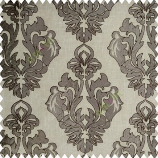 Dark brown beige grey color traditional design embroidery finished with cotton base fabric swirls floral leaves main curtain