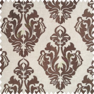 Dark brown grey beige color traditional design embroidery finished with cotton base fabric swirls floral leaves main curtain
