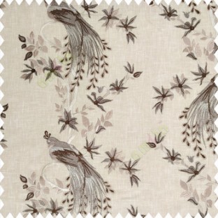 Dark brown grey beige color beautiful long tree with small flowers resting peacock cotton finished base fabric main curtain