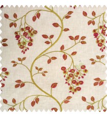 Red greenish yellow beige color beautiful floral leaves embroidery pattern small flowers flowing tress flower buds cotton finished main curtain