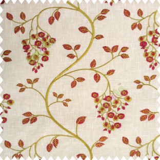 Red greenish yellow beige color beautiful floral leaves embroidery pattern small flowers flowing tress flower buds cotton finished main curtain
