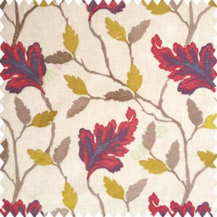 Red greenish yellow beige traditional designs embroidery floral leaves beautiful trees with cotton base fabric weaving pattern main curtain