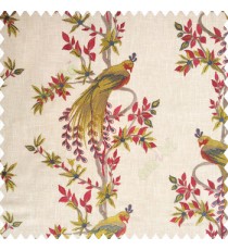 Red greenish yellow beige color beautiful long tree with small flowers resting peacock cotton finished base fabric main curtain