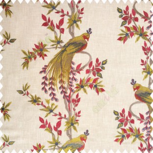 Red greenish yellow beige color beautiful long tree with small flowers resting peacock cotton finished base fabric main curtain