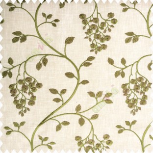 Dark green beige dark brown color beautiful floral leaves embroidery pattern small flowers flowing tress flower buds cotton finished main curtain