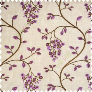 Bright purple brown beige color beautiful floral leaves embroidery pattern small flowers flowing tress flower buds cotton finished main curtain
