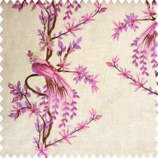 Bright pink and purple beige brown color beautiful long tree with small flowers resting peacock cotton finished base fabric main curtain