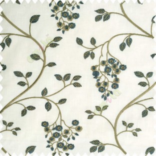 Navy blue grey white color beautiful floral leaves embroidery pattern small flowers flowing tress flower buds cotton finished main curtain
