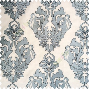 Blue grey white color traditional design embroidery finished with cotton base fabric swirls floral leaves main curtain
