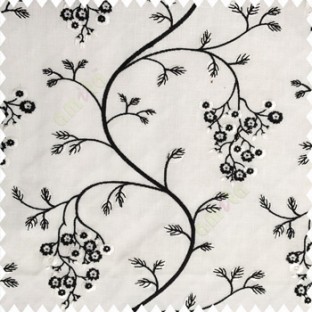 Pure black white cream color beautiful floral leaves embroidery pattern small flowers flowing tress flower buds cotton finished main curtain