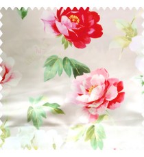 Red green yellow beige gold color beautiful rose with big leaves and stems floral petals on polyester base thick fabric elegant look main curtain