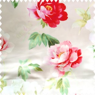 Red green yellow beige gold color beautiful rose with big leaves and stems floral petals on polyester base thick fabric elegant look main curtain