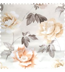 Orange grey beige cream color beautiful rose with big leaves and stems floral petals on polyester base thick fabric elegant look main curtain