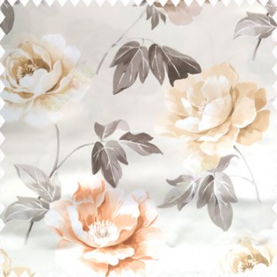 Orange grey beige cream color beautiful rose with big leaves and stems floral petals on polyester base thick fabric elegant look main curtain