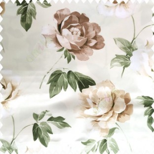 Green brown cream color beautiful rose with big leaves and stems floral petals on polyester base thick fabric elegant look main curtain