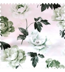 Black green pink color beautiful rose with big leaves and stems floral petals on polyester base thick fabric elegant look main curtain