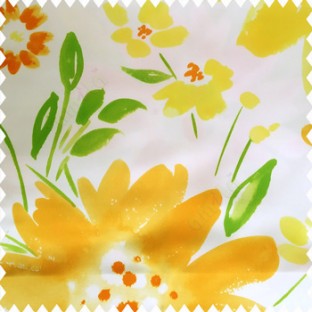 Yellow gold green white orange color beautiful big size flowers large leaves colorful designs watercolor prints polyester base fabric main curtain