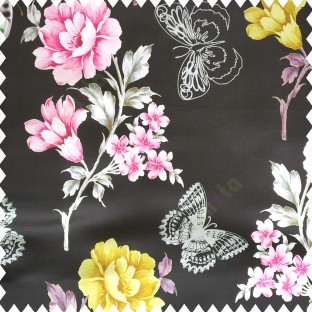 Black pink grey gold color beautiful floral designs rose with leaves butterfly floral petals polyester base fabric main curtain