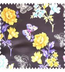 Gold blue black purple blue white green color beautiful floral designs rose with leaves butterfly floral petals polyester base fabric main curtain