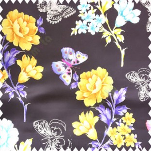 Gold blue black purple blue white green color beautiful floral designs rose with leaves butterfly floral petals polyester base fabric main curtain