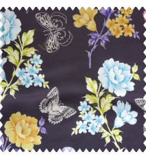 Black blue green orange purple color beautiful floral designs rose with leaves butterfly floral petals polyester base fabric main curtain