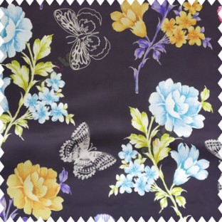Black blue green orange purple color beautiful floral designs rose with leaves butterfly floral petals polyester base fabric main curtain