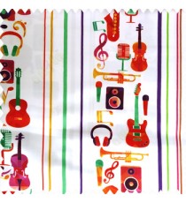 Red green purple yellow maroon white color vertical stripes musical instrument headphones guitar trumpets polyester main curtain