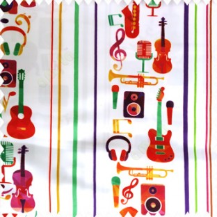 Red green purple yellow maroon white color vertical stripes musical instrument headphones guitar trumpets polyester main curtain