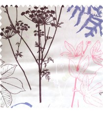 Purple pink brown cream white blue color natural floral designs leaves texture ferns polyester base fabric main curtain