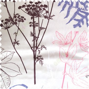 Purple pink brown cream white blue color natural floral designs leaves texture ferns polyester base fabric main curtain