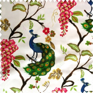 Pink green brown white red beige gold color natural designs trees peacock fruits blossoms leaves beautiful natural designs polyester base fabric main curtain