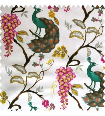 Purple green grey pink gold orange white color natural designs trees peacock fruits blossoms leaves beautiful natural designs polyester base fabric main curtain