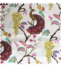 Brown maroon pink gold blue color natural designs trees peacock fruits blossoms leaves beautiful natural desings polyester base fabric main curtain