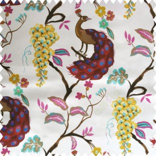Brown maroon pink gold blue color natural designs trees peacock fruits blossoms leaves beautiful natural desings polyester base fabric main curtain