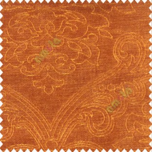 Traditional orange color big damask design floral curved finished soft velvet texture touch shiny poly sofa fabric