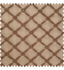 Brown color small flowers embroidery designs embossed bamboo pattern with transparent net base fabric polyester sheer curtain