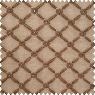 Brown color small flowers embroidery designs embossed bamboo pattern with transparent net base fabric polyester sheer curtain