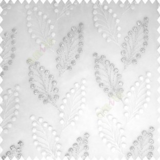 White silver color beautiful flower embossed patterns embroidery leaves cotton buds small circles designs with polyester net base fabric sheer curtain