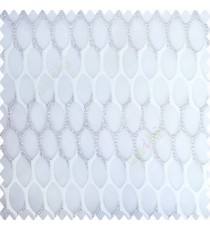 White silver color traditional designs soft and silver zari embroidery geometric oval shapes embossed patterns with transparent net background sheer curtain