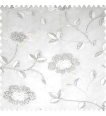 White silver color beautiful flower silver zari embroidery elegant look finished small leaves long branches with blossoms transparent net fabric polyester sheer curtain