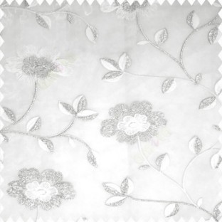 White silver color beautiful flower silver zari embroidery elegant look finished small leaves long branches with blossoms transparent net fabric polyester sheer curtain