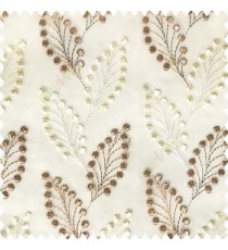 Copper brown cream white color beautiful flower embossed patterns embroidery leaves cotton buds small circles designs with polyester net base fabric sheer curtain