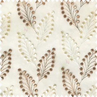 Copper brown cream white color beautiful flower embossed patterns embroidery leaves cotton buds small circles designs with polyester net base fabric sheer curtain