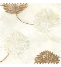 Copper brown cream white color big texture floral leaves interconnected with embroidery chain small leaf bunch polyester net base fabric sheer curtain