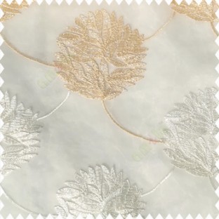 Beige cream white color big texture floral leaves interconnected with embroidery chain small leaf bunch polyester net base fabric sheer curtain